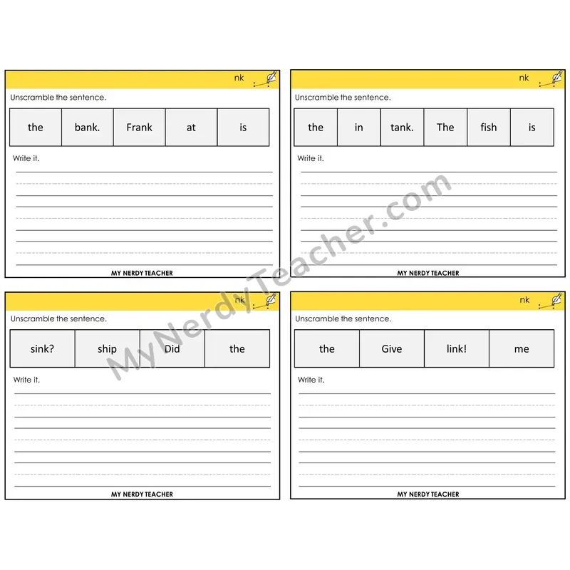 NK Digraph Unscramble and Write Task Cards — Decodable Sentences