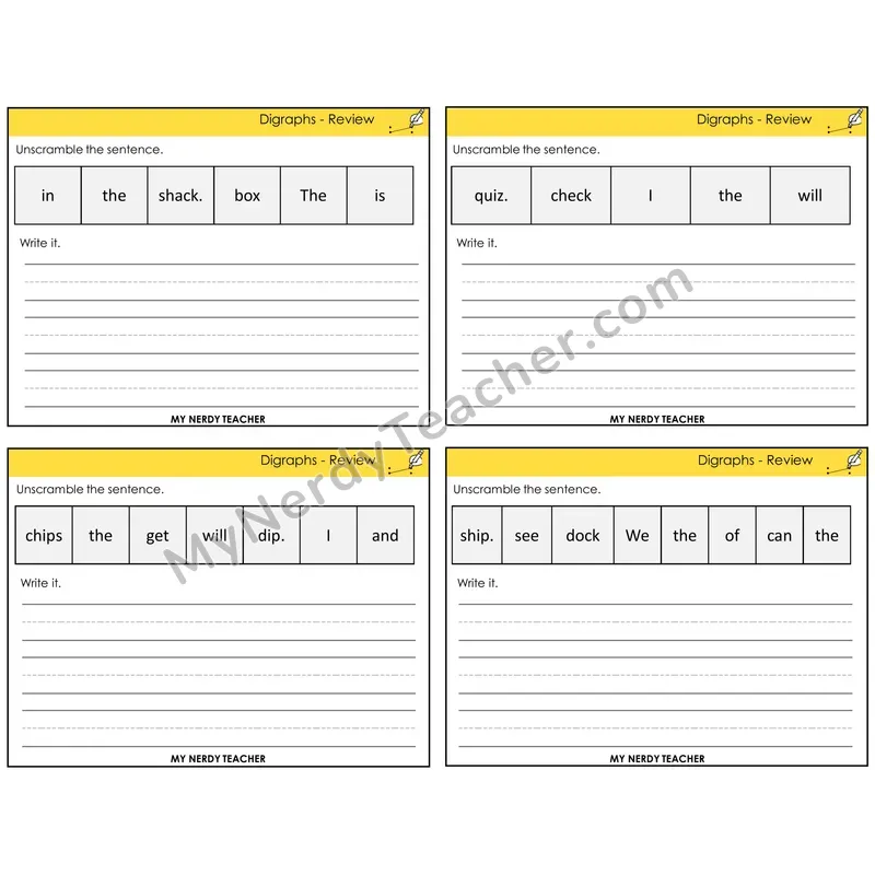 Digraphs Review Unscramble and Write Task Cards — Decodable Sentences