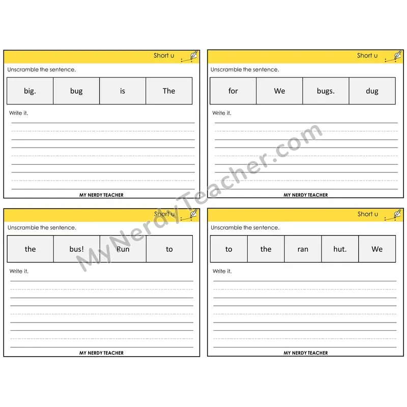 Short U Unscramble and Write Task Cards — Decodable Sentences