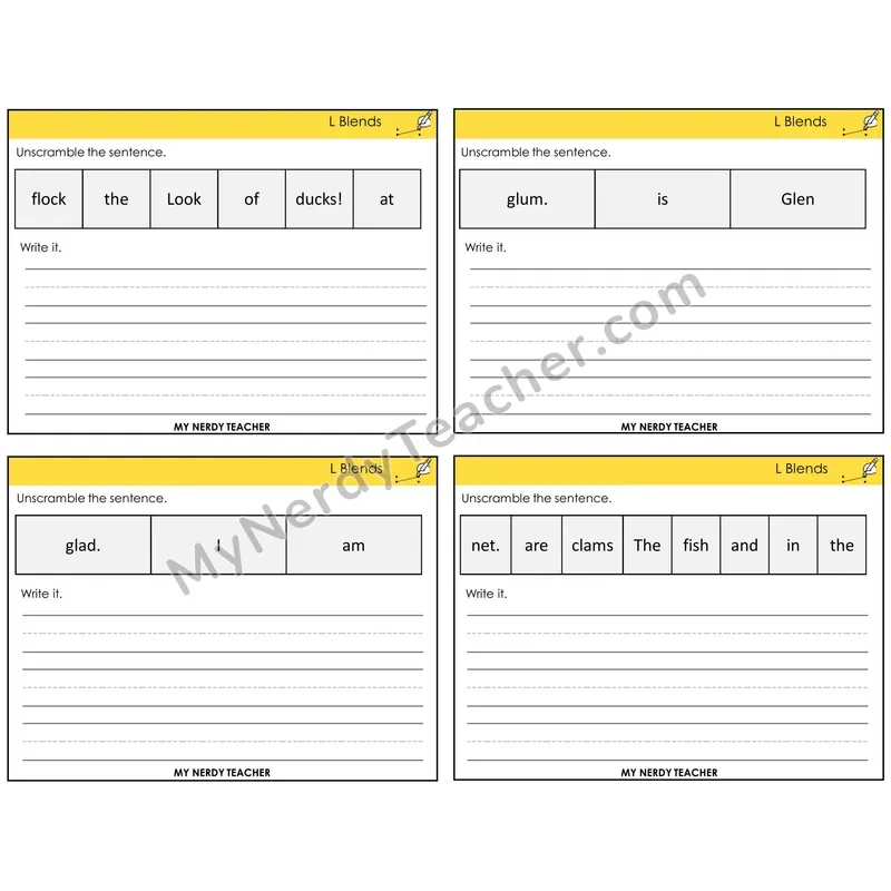 L Blends Unscramble and Write Task Cards — Decodable Sentences