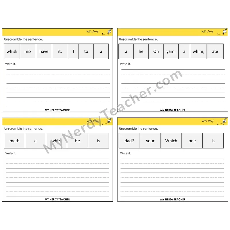 WH Digraph Unscramble and Write Task Cards — Decodable Sentences