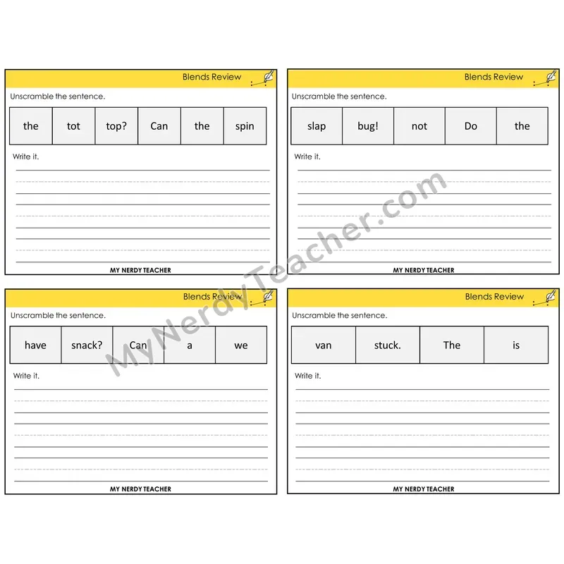 Blends Review Unscramble and Write Task Cards — Decodable Sentences