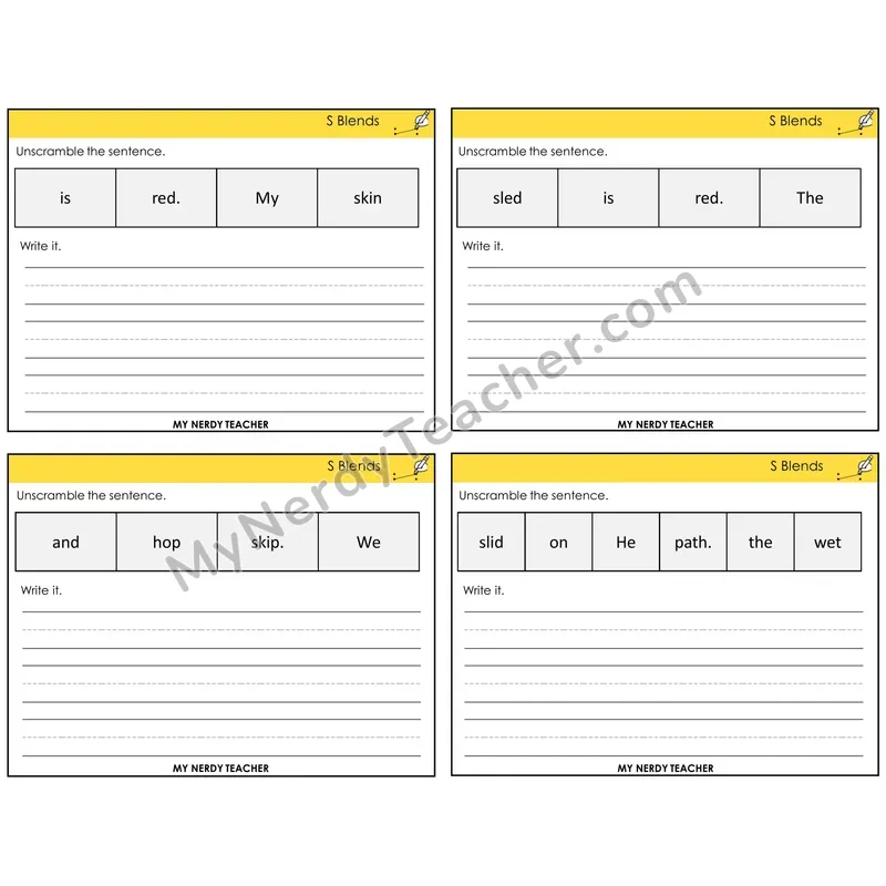 S Blends Unscramble and Write Task Cards — Decodable Sentences
