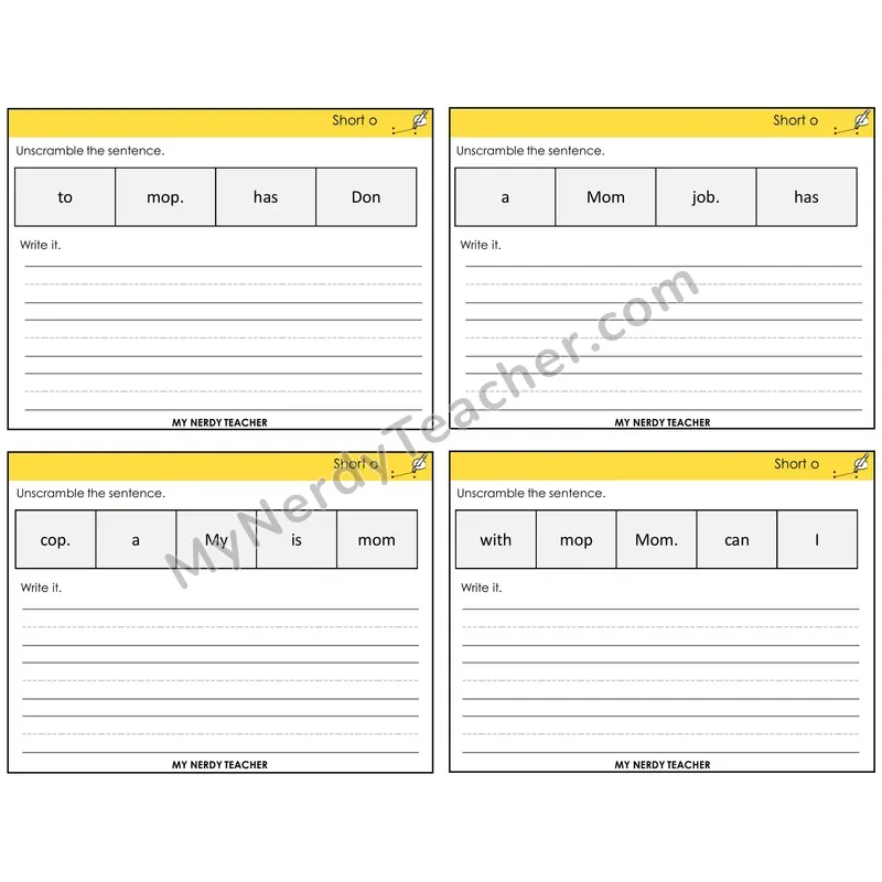 Short O Unscramble and Write Task Cards — Decodable Sentences