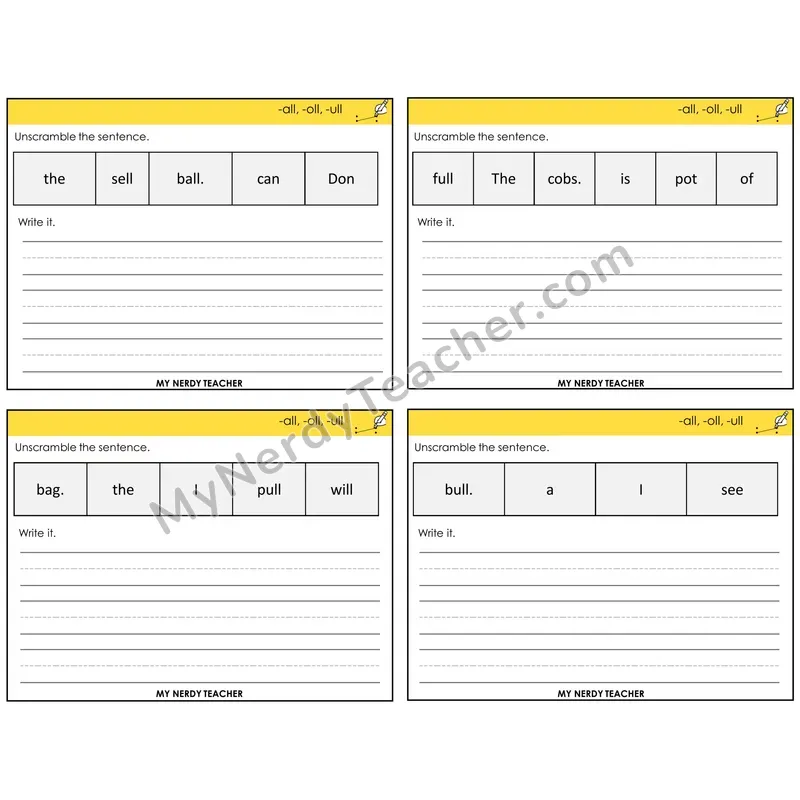 All, Oll, Ull Unscramble and Write Task Cards — Decodable Sentences