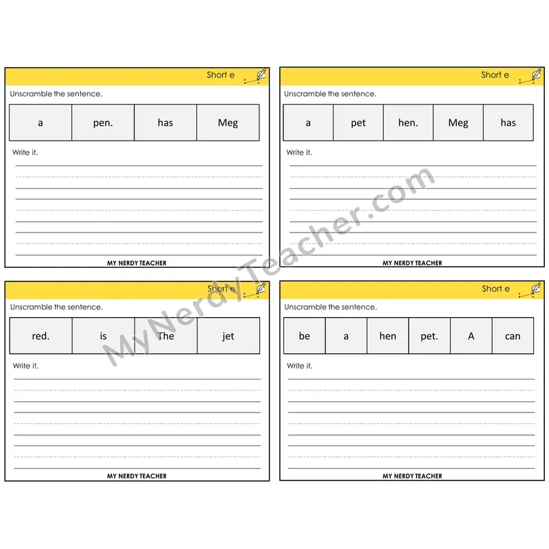 Short E Unscramble and Write Task Cards — Decodable Sentences