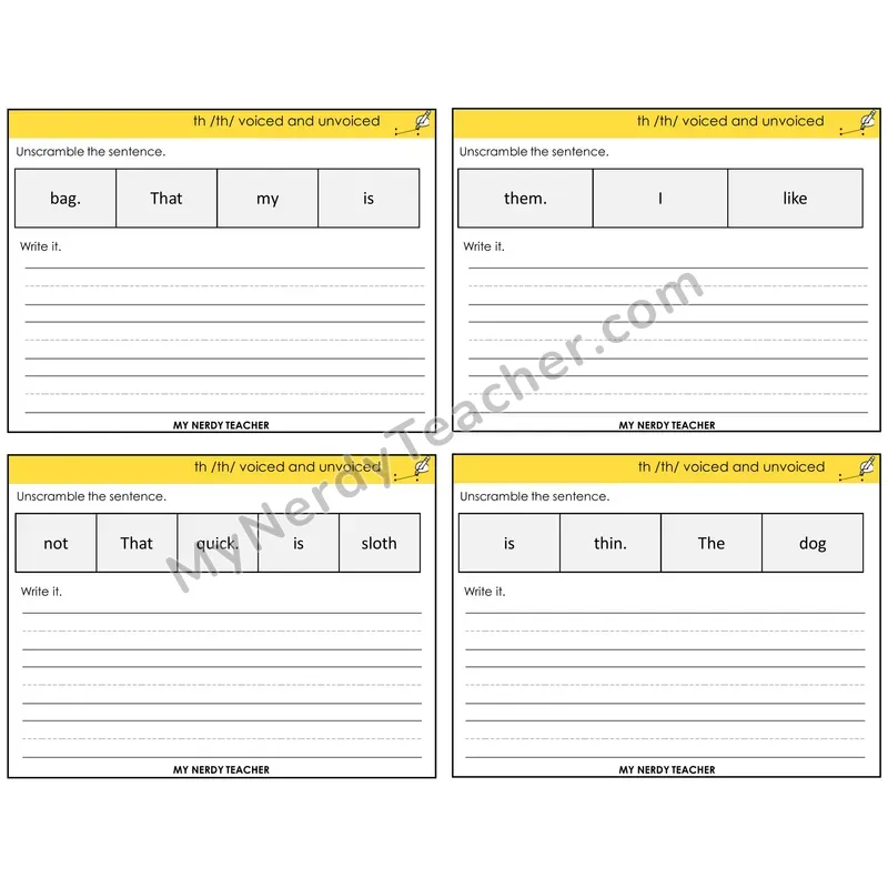 TH Digraph (Voiced + Unvoiced) Unscramble and Write Task Cards — Decodable Sentences