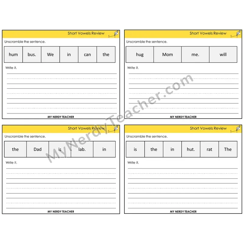 Short Vowels Review Unscramble and Write Task Cards — Decodable Sentences