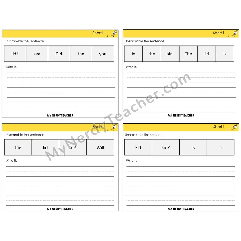 Short I Unscramble and Write Task Cards — Decodable Sentences