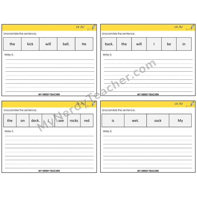 CK Digraph Unscramble and Write Task Cards — Decodable Sentences