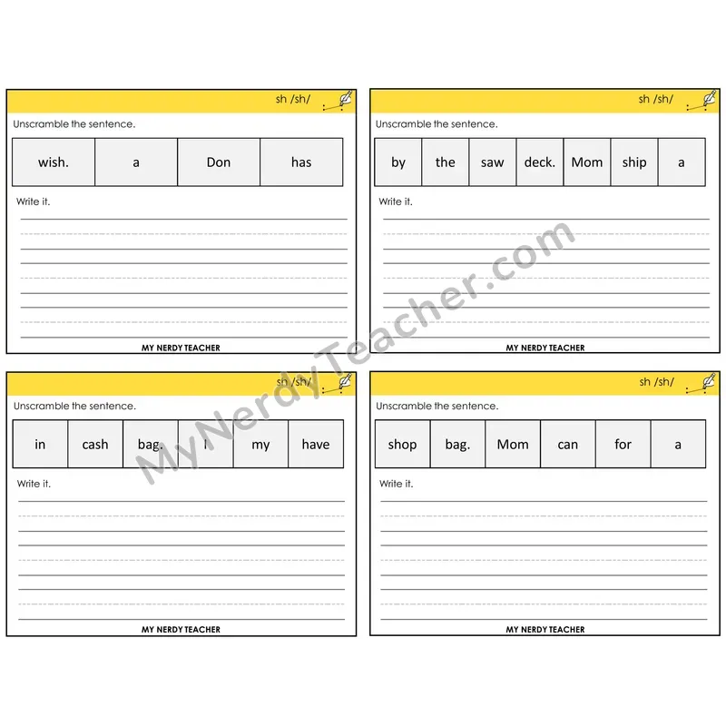 SH Digraph Unscramble and Write Task Cards — Decodable Sentences
