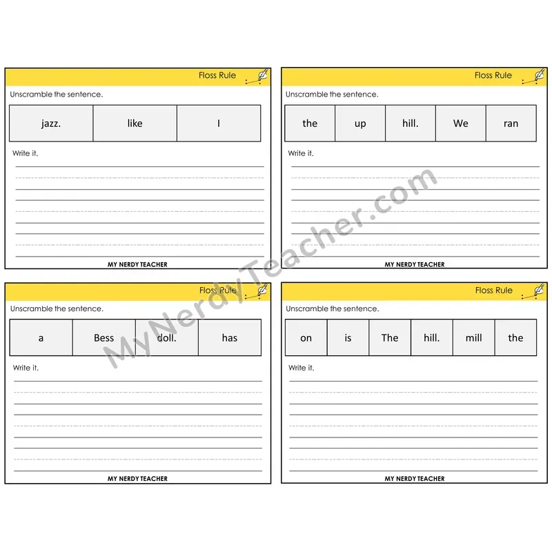 Floss Rule (ff, ll, ss, zz) Unscramble and Write Task Cards — Decodable Sentences