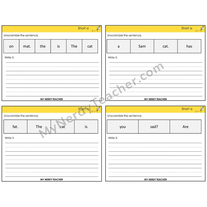 Short A Unscramble and Write Task Cards — Decodable Sentences