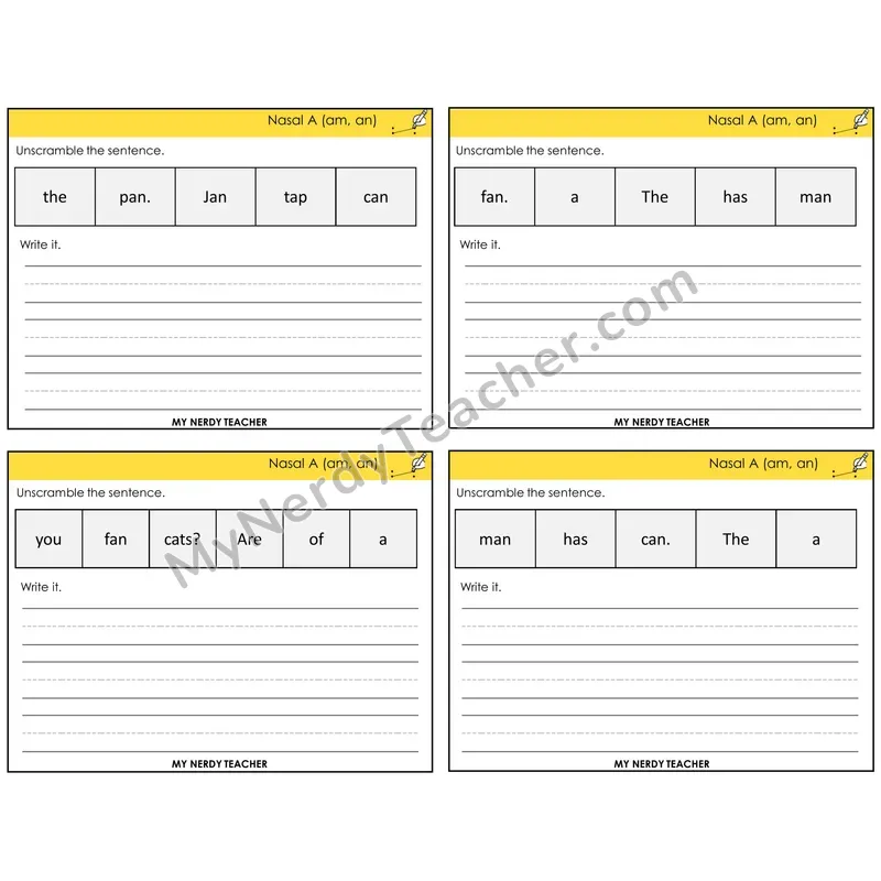 Nasalized A (am, an) Unscramble and Write Task Cards — Decodable Sentences