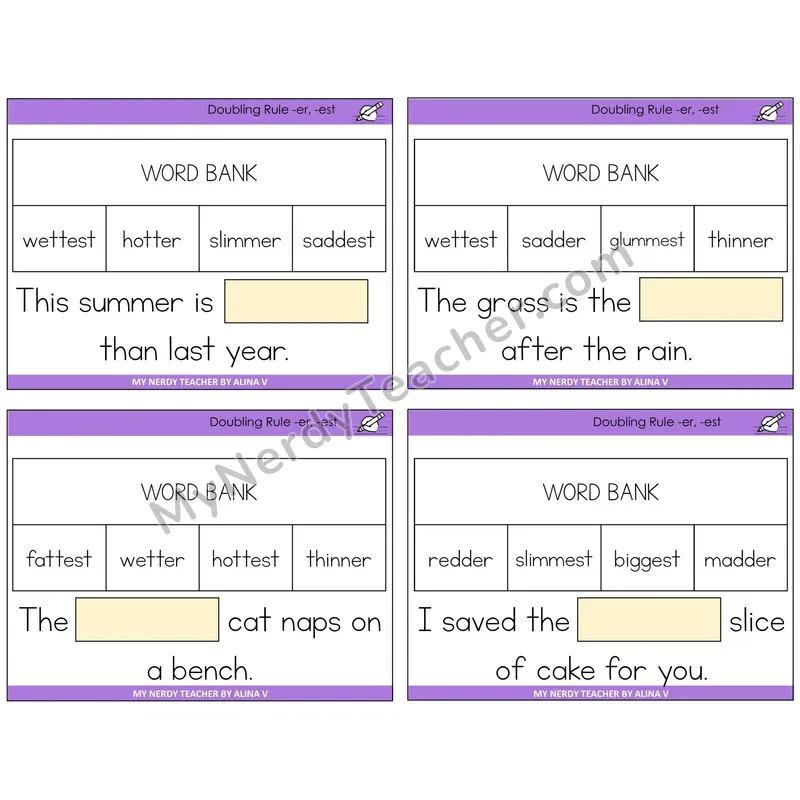 Doubling Rule -er, -est Missing Words Task Cards — Decodable Sentences