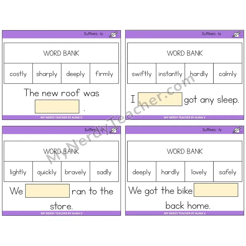 Suffix -ly Missing Words Task Cards — Decodable Sentences