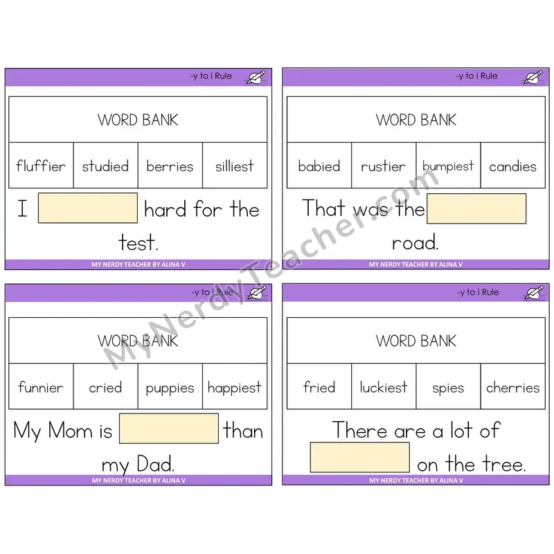 Y to I Rule Missing Words Task Cards — Decodable Sentences