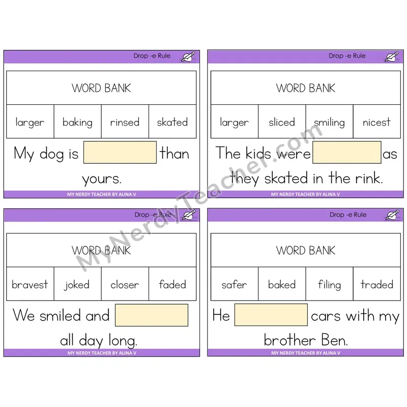 Drop -e Rule Missing Words Task Cards — Decodable Sentences