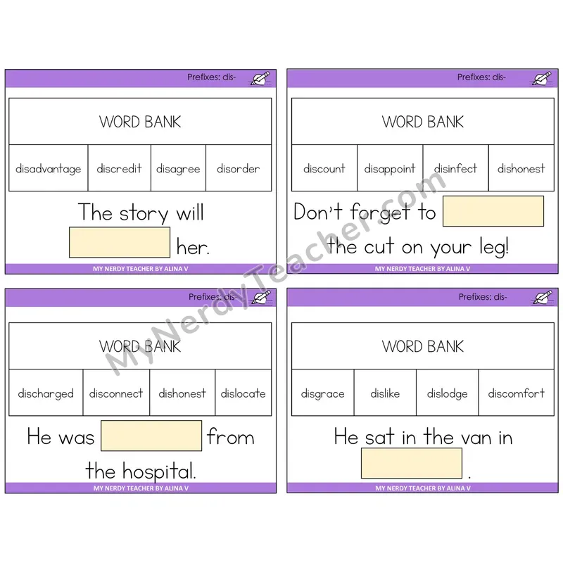 Prefix dis- Missing Words Task Cards — Decodable Sentences