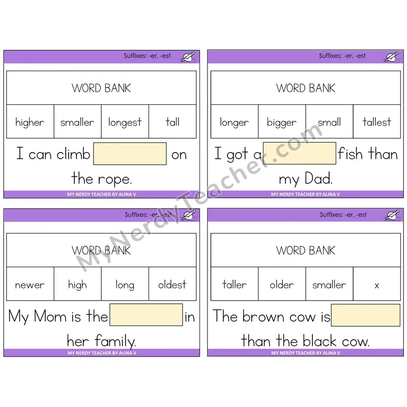 Suffixes -er and -est Missing Words Task Cards — Decodable Sentences