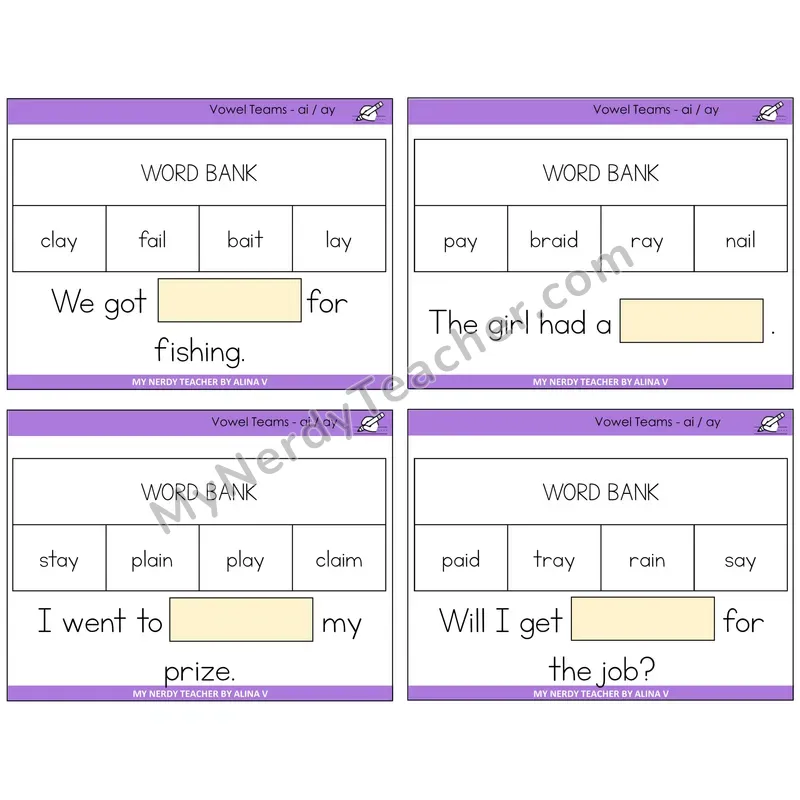 Long A Vowel Teams (ai, ay) Missing Words Task Cards — Decodable Sentences