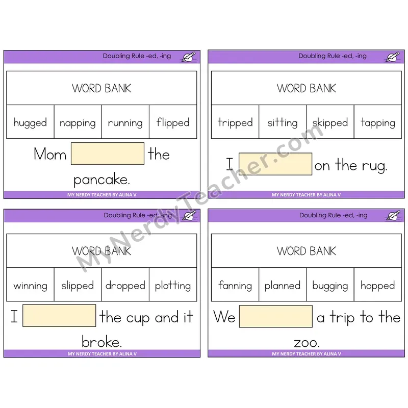 Doubling Rule -ed, -ing Missing Words Task Cards — Decodable Sentences