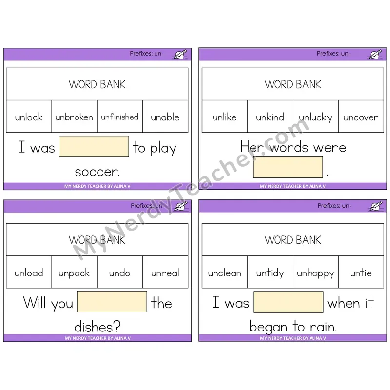 Prefix un- Missing Words Task Cards — Decodable Sentences