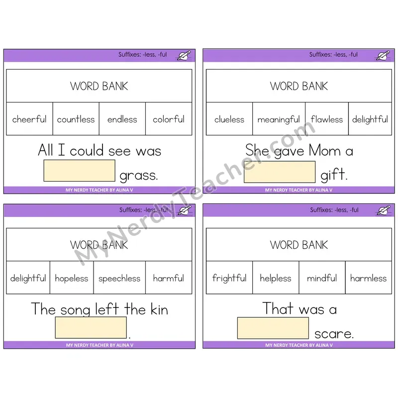 Suffixes -less and -ful Missing Words Task Cards — Decodable Sentences