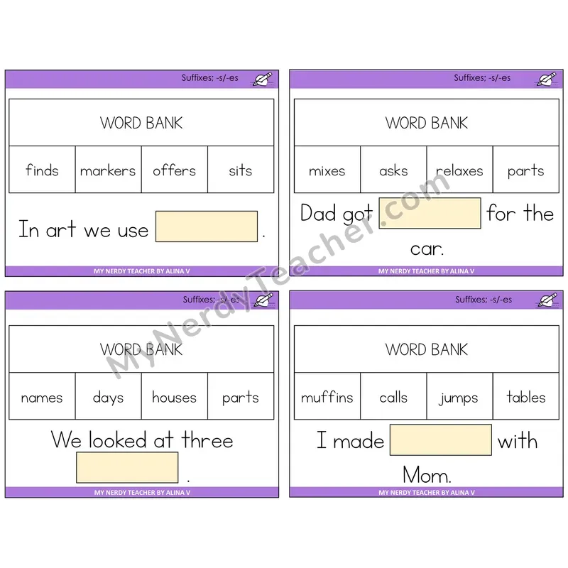 Suffixes -s and -es Missing Words Task Cards — Decodable Sentences