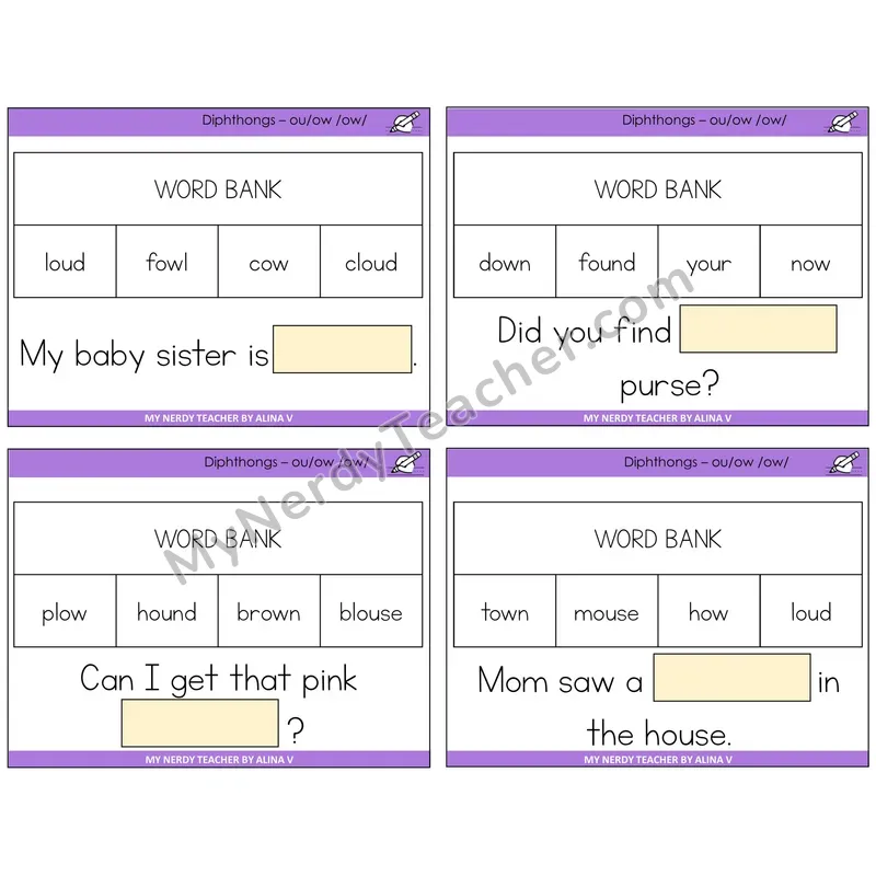 Diphthong OU and OW Missing Words Task Cards — Decodable Sentences