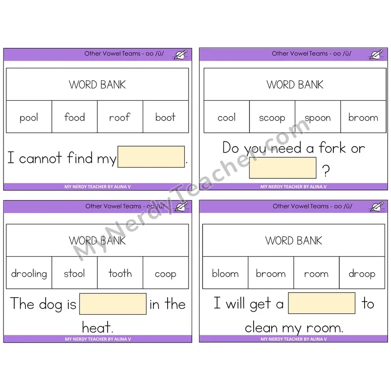 Long OO (/ū/) Missing Words Task Cards — Decodable Sentences