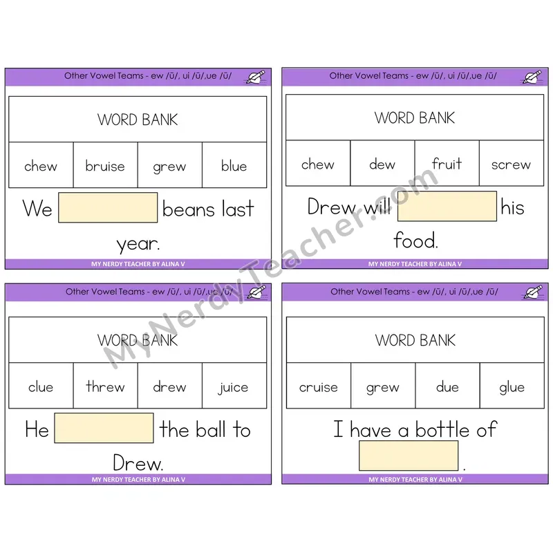 Long U (ew, ui, ue) Missing Words Task Cards — Decodable Sentences
