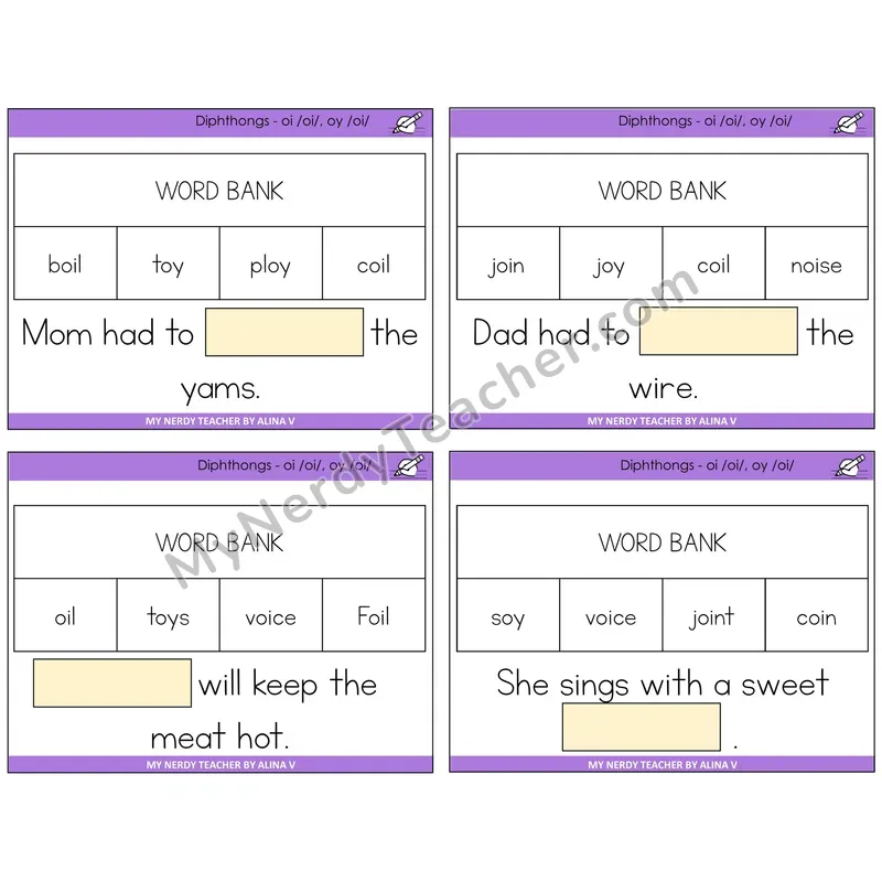 Diphthong OI and OY Missing Words Task Cards — Decodable Sentences