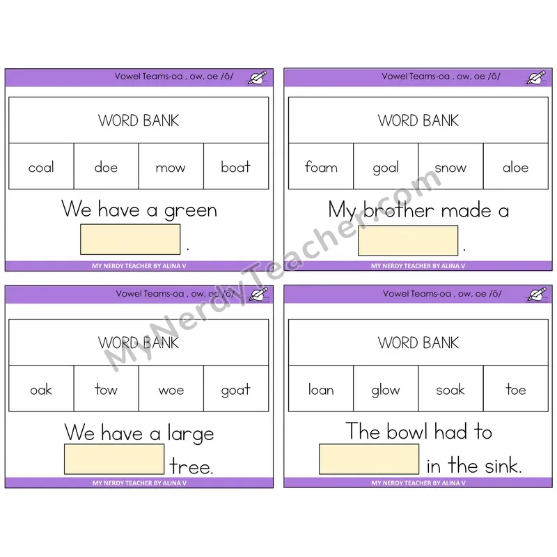 Long O Vowel Teams (oa, ow, oe) Missing Words Task Cards — Decodable Sentences