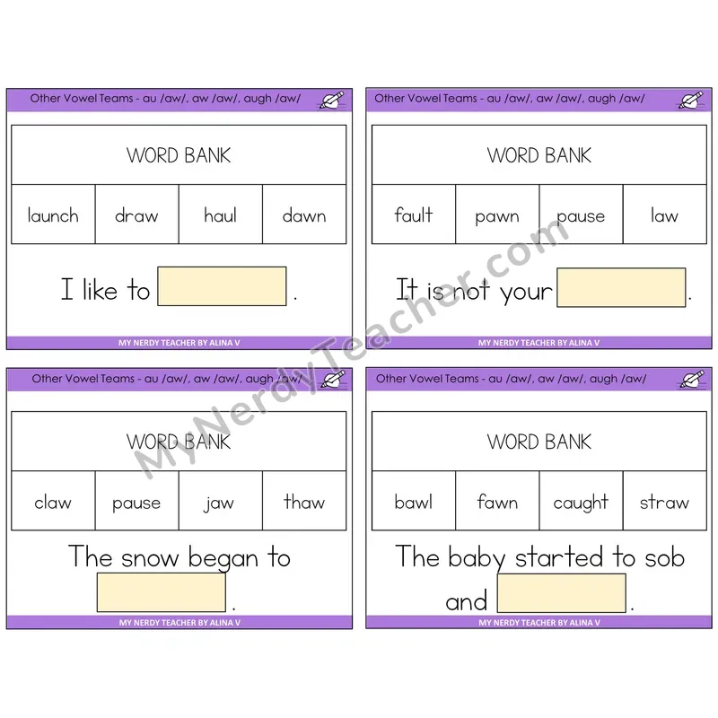 AU, AW, AUGH (/aw/) Missing Words Task Cards — Decodable Sentences