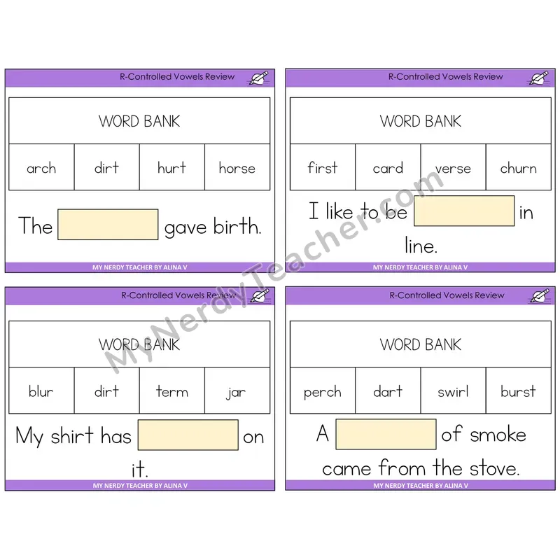 R-Controlled Vowels Review Missing Words Task Cards — Decodable Sentences