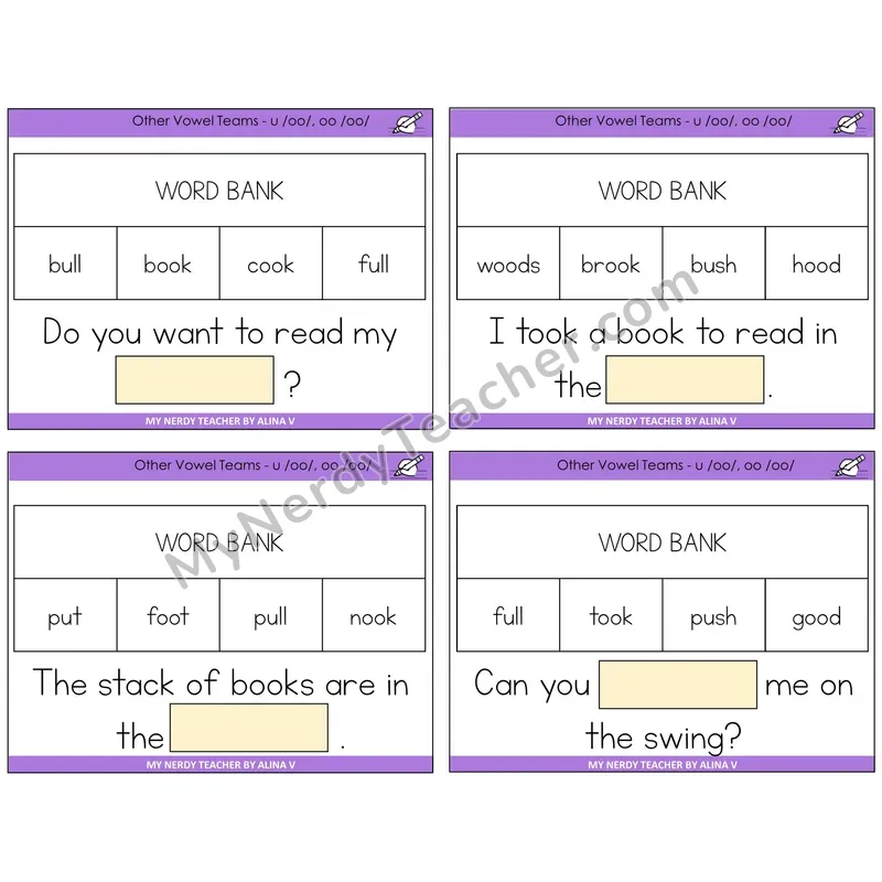 Short OO and U (/oo/) Missing Words Task Cards — Decodable Sentences