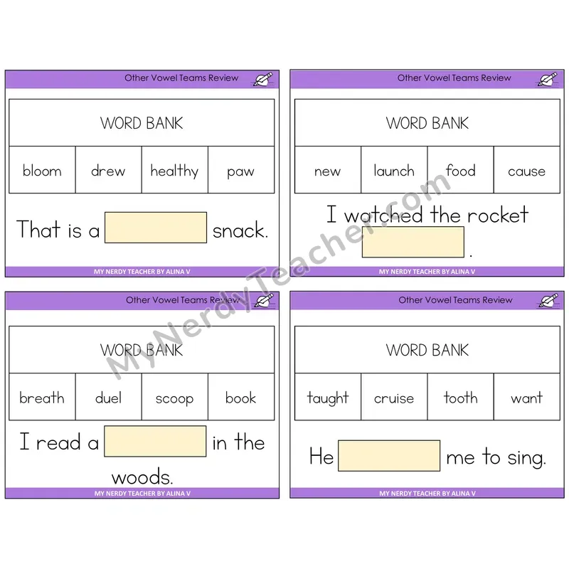 Other Vowel Teams Review Missing Words Task Cards — Decodable Sentences
