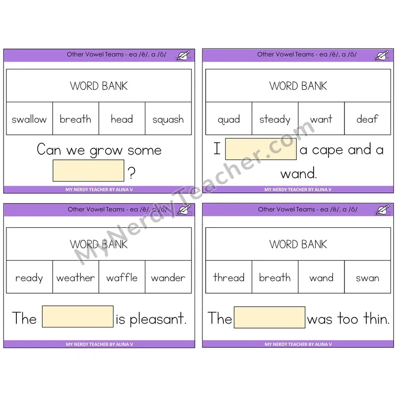 EA (short e) and A (short o) Missing Words Task Cards — Decodable Sentences