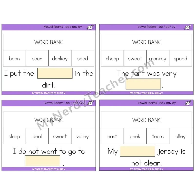 Long E Vowel Teams (ee, ea, ey) Missing Words Task Cards — Decodable Sentences