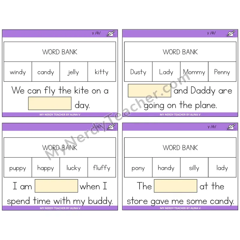 Y as Long E Missing Words Task Cards — Decodable Sentences