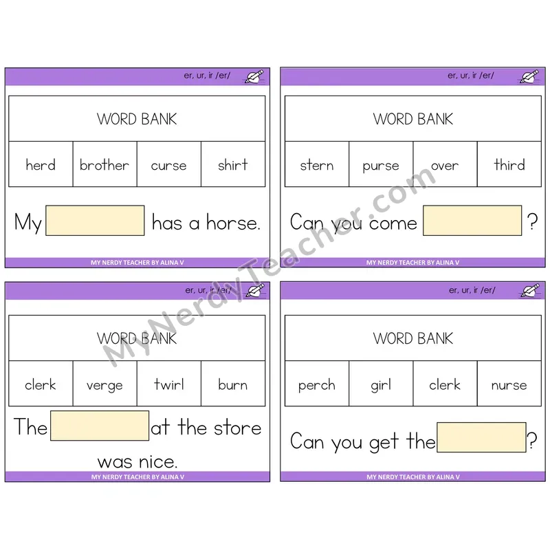 R-Controlled ER, UR, IR Missing Words Task Cards — Decodable Sentences