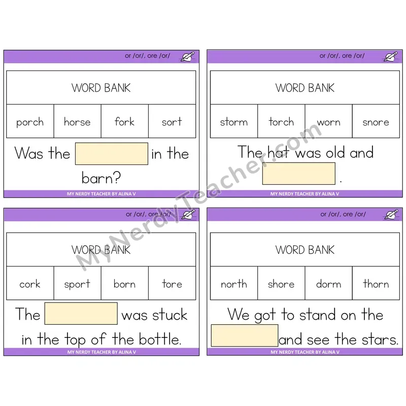 R-Controlled OR and ORE Missing Words Task Cards — Decodable Sentences