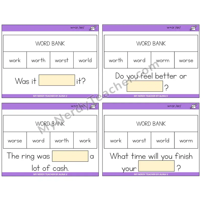 W+OR spelling /er/ Missing Words Task Cards — Decodable Sentences