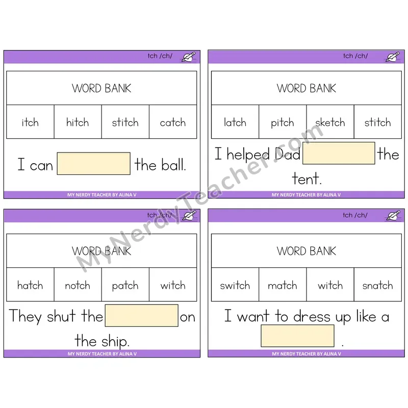 TCH Trigraph Missing Words Task Cards — Decodable Sentences
