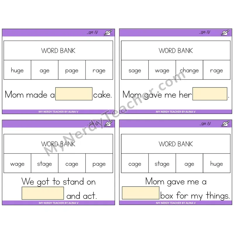 Soft G (_ge) Missing Words Task Cards — Decodable Sentences