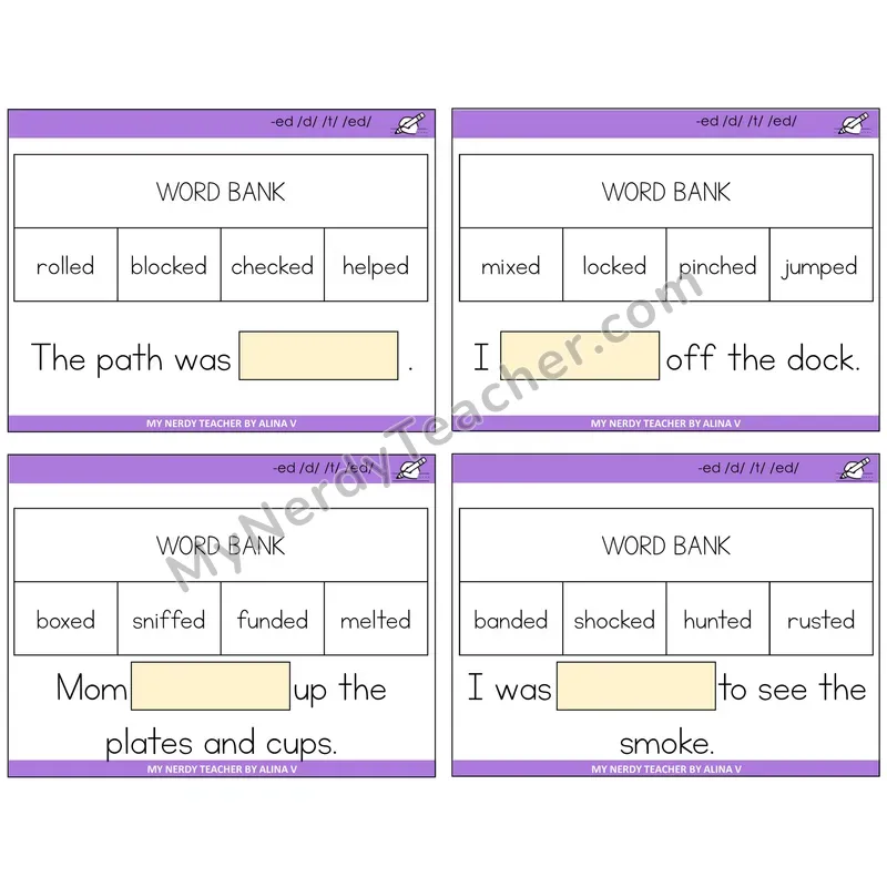 Suffix -ed Missing Words Task Cards — Decodable Sentences