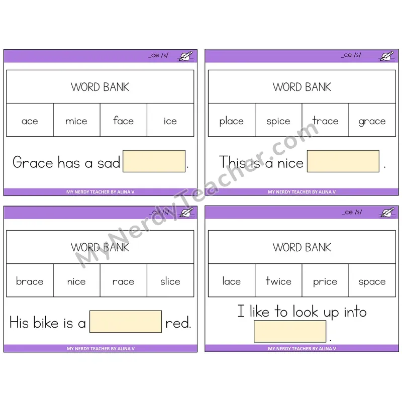 Soft C (_ce) Missing Words Task Cards — Decodable Sentences