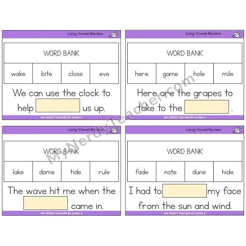 Long Vowels Review Missing Words Task Cards — Decodable Sentences