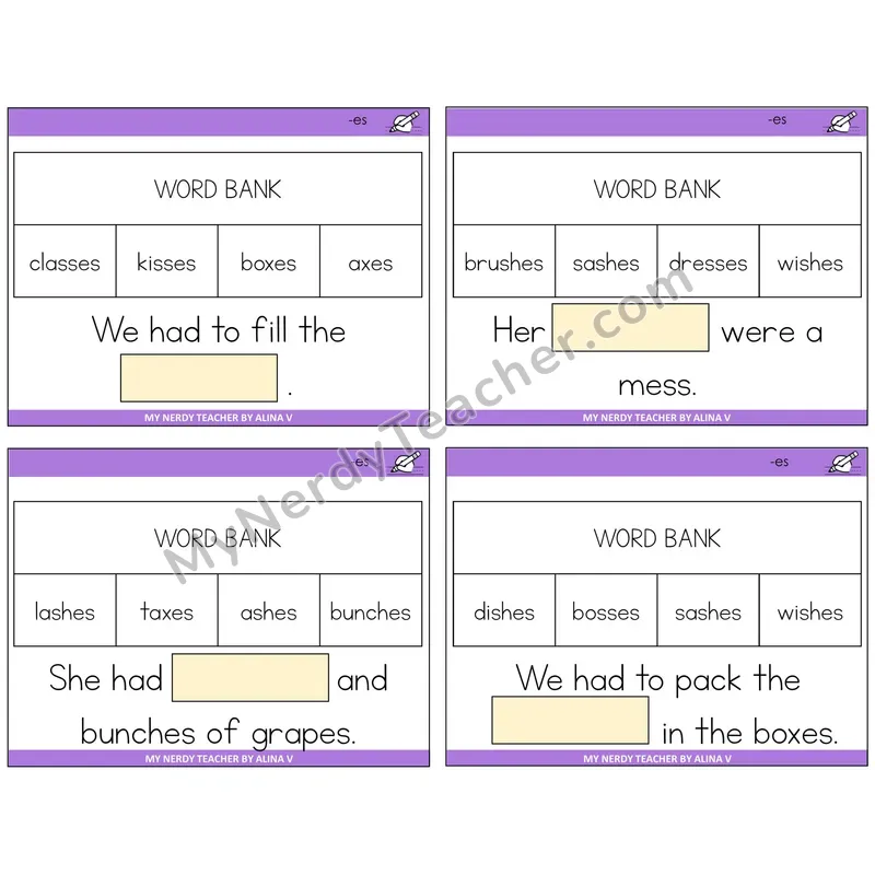 Suffix -es (Inflectional) Missing Words Task Cards — Decodable Sentences
